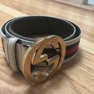 Authentic Gucci Logo Cream leather with red and navy blue webbing belt